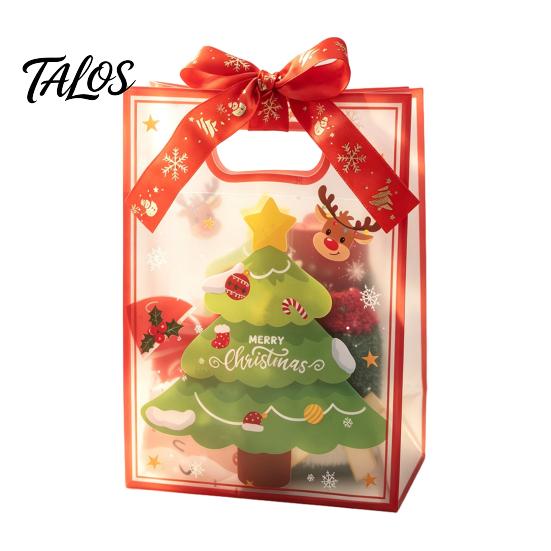 Small Gift Sacks for Christmas Bags with Handles, Reusable Clear PP Treat Dessert Packaging Candy Apples Cookies, Holiday Party Favor Ribbon Bow Eve