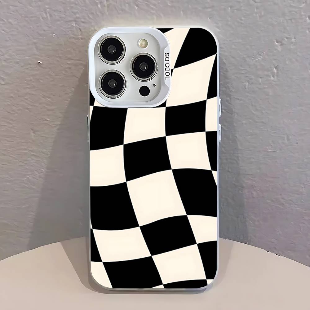 Black white Checkered  Phone Case For iPhone 17,16,13,12,11,15,14,Pro,Max,Plus,SE4,Air,Mini White IMD Matte