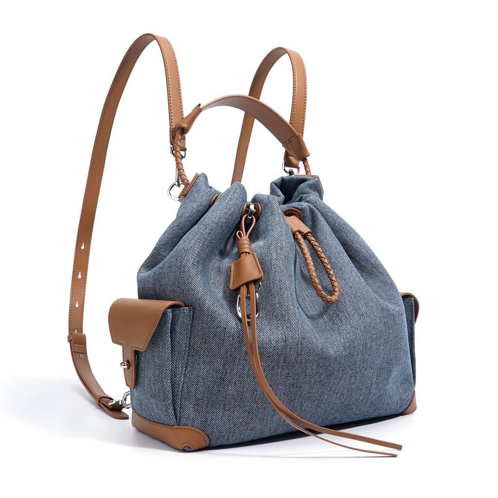 2025 Summer New Niche Design Backpack Retro Denim Drawstring Shoulder Bag Large Capacity Fashion Splicing Bag