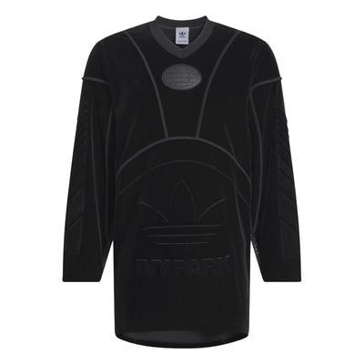 Collaborazione Originals X Ivy Park FW23 Maglia da calcio in velluto a tinta unita con logo in rilievo Unisex Maglie Nere IT0262