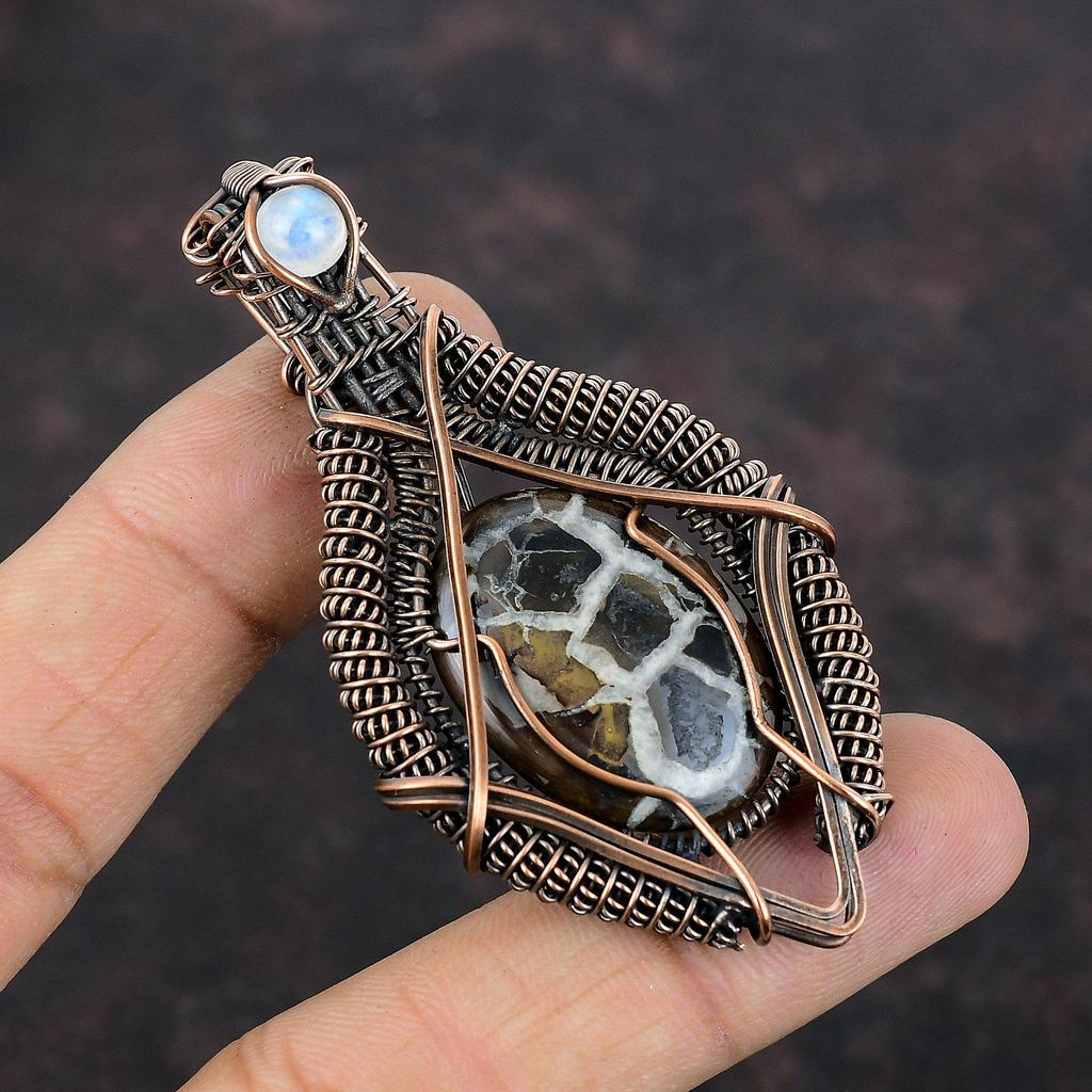 Moroccan Mud Crack Fossil Copper Pendant Wire Wrapped Pendant Handmade Copper Jewelry Moonstone Pendant Dainty Gemstone Jewelry Gift For Her