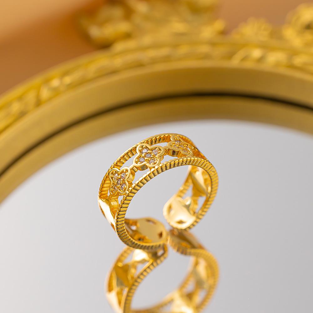 Exquisite super flash zircon ring for girls, light luxury, high-end sense opening adjustable ring, simple real gold electroplating