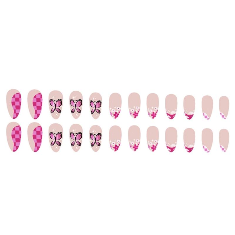 24 Pcs French Tip Press On Nail Short Almond False Nail Flowers Acrylic Nail Butterfly Full Cover Stick On Nail