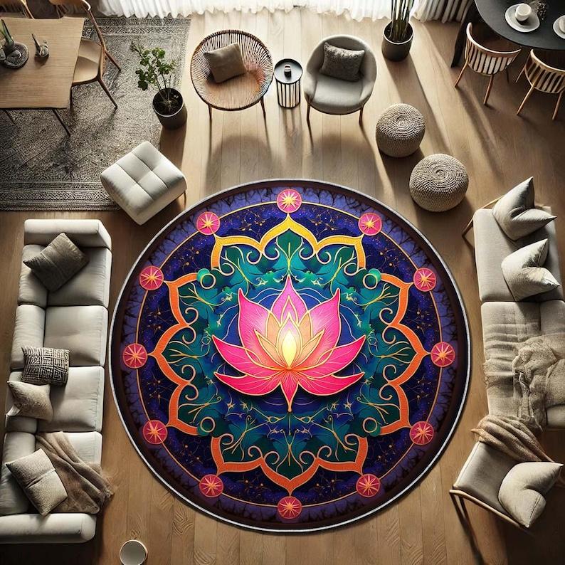 Pink Purple Lotus Round Rug, Boho Meditation Mat for Yoga Room, Spiritual Flower Carpet for Zen Decor, Circle Floor Mat