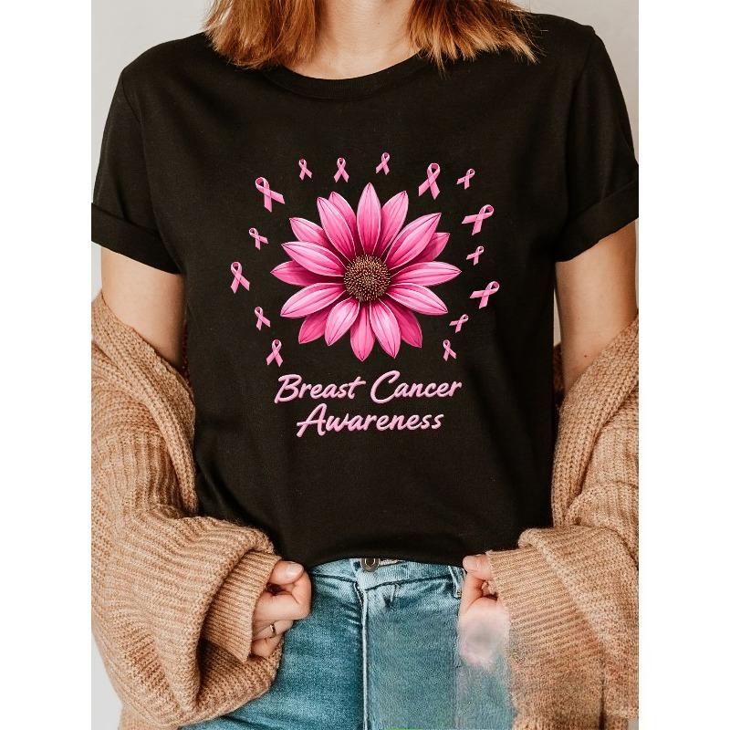 

Breast Cancer Awareness Print T-shirt, Short Sleeve Crew Neck Casual Top for Summer & Spring, Women s Clothing 4XL чорний