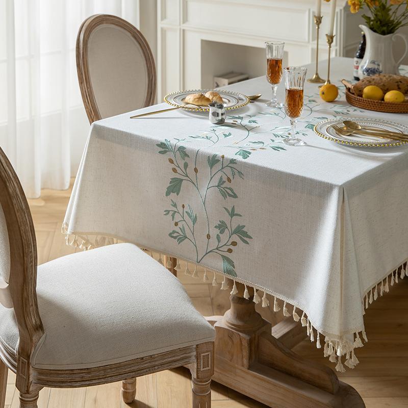 Rustikale Tischdecke aus Baumwolle und Leinen, Schwergewichtige Sticktischdecke für Rechteck, Bauernhaus-Tischdecke mit Quasten, spritzwassergeschützt