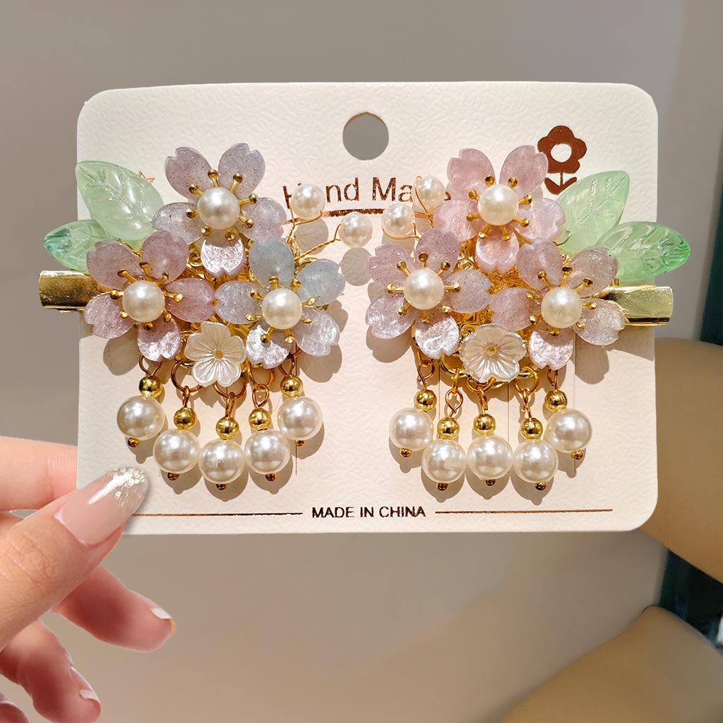 Children's Traditional Hanfu Headdress Hair Clips with Tassels - Handmade Pair for Girls