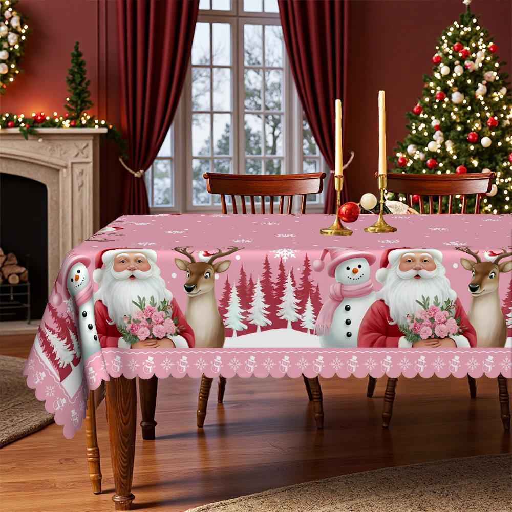Christmas Atmosphere Tablecloth Santa Elk Snowman Print Pink Round Table Cloth Rectangular Coffee Table Cloth