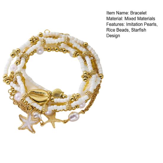 6Pcs Women Bracelet Natural Imitation Pearls Rice Beads Starfish Shell Conch Design Holiday Beach Style Bracelet
