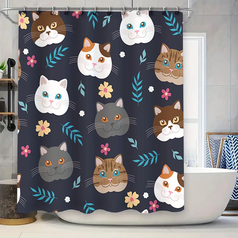 

Blue Flower Cat Shower Curtain Waterproof Fabric Home Decor Bathroom Decoration (Size: 180X240Cm) W60H190(CM)-1 Pcs
