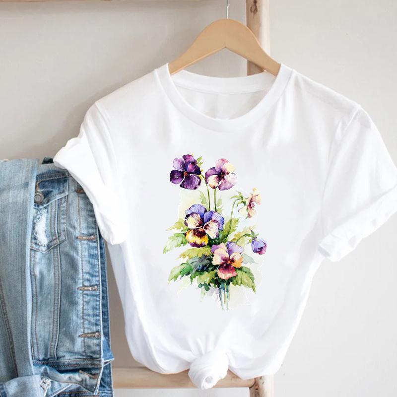 (European Size) 90s Flower Spring Short Sleeve Tee Top Fashion T-shirt Clothing  90s Casual Women Print Summer Lady Female Graphic T-shirt