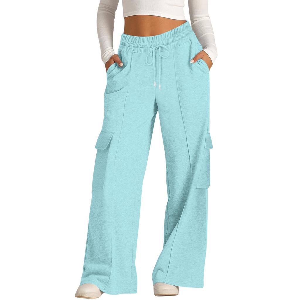 Women's Casual Fashion Solid Color Elastic Waist Drawstring Workwear Wide Leg Pants With Pockets