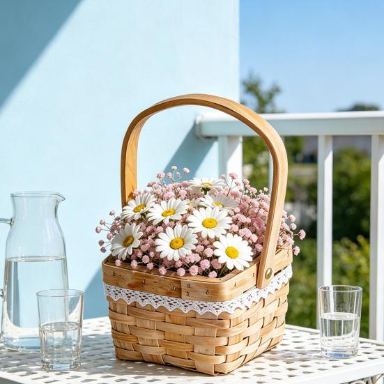 Flower Basket, with Lace Decor, Hand-Woven Wicker Rattan Flower Basket, Wood Portable Floral Gift Basket