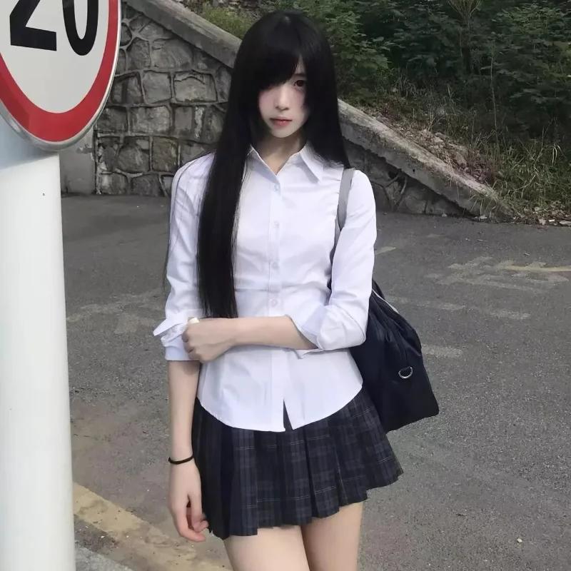 Outono 2025 Estilo Colegial Uniforme Jk Slim Formal Top Camisa Branco Cintura Fechada Manga Comprida