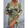 Women's V-neck Dress Satin Waist Cinched Low Cut Casual Mid Length Skirt Sweet Style New Item