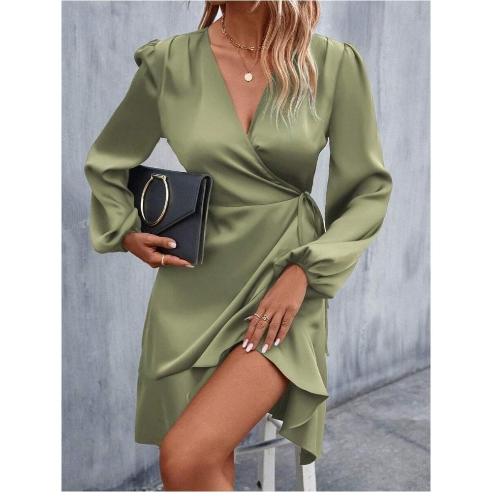 Women's V-neck Dress Satin Waist Cinched Low Cut Casual Mid Length Skirt Sweet Style New Item