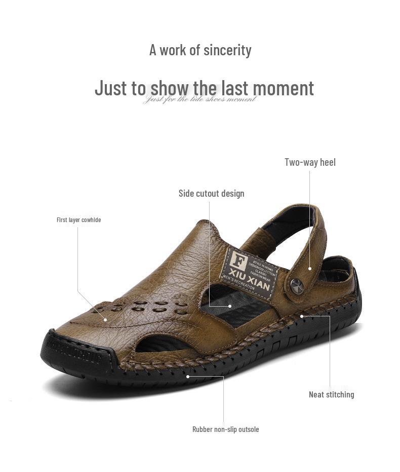 Men's Genuine Leather Cut-Out Toe Summer Sandals - Comfortable, Breathable, and Versatile for Outdoor Wear