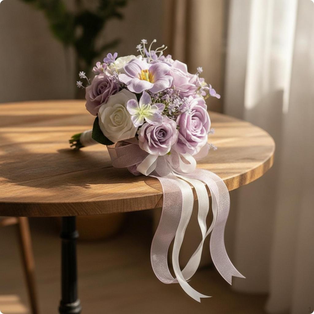 Wedding Bouquet with Ribbons Artificial Bridal HandTied Flowers for Brides, Bridesmaids,