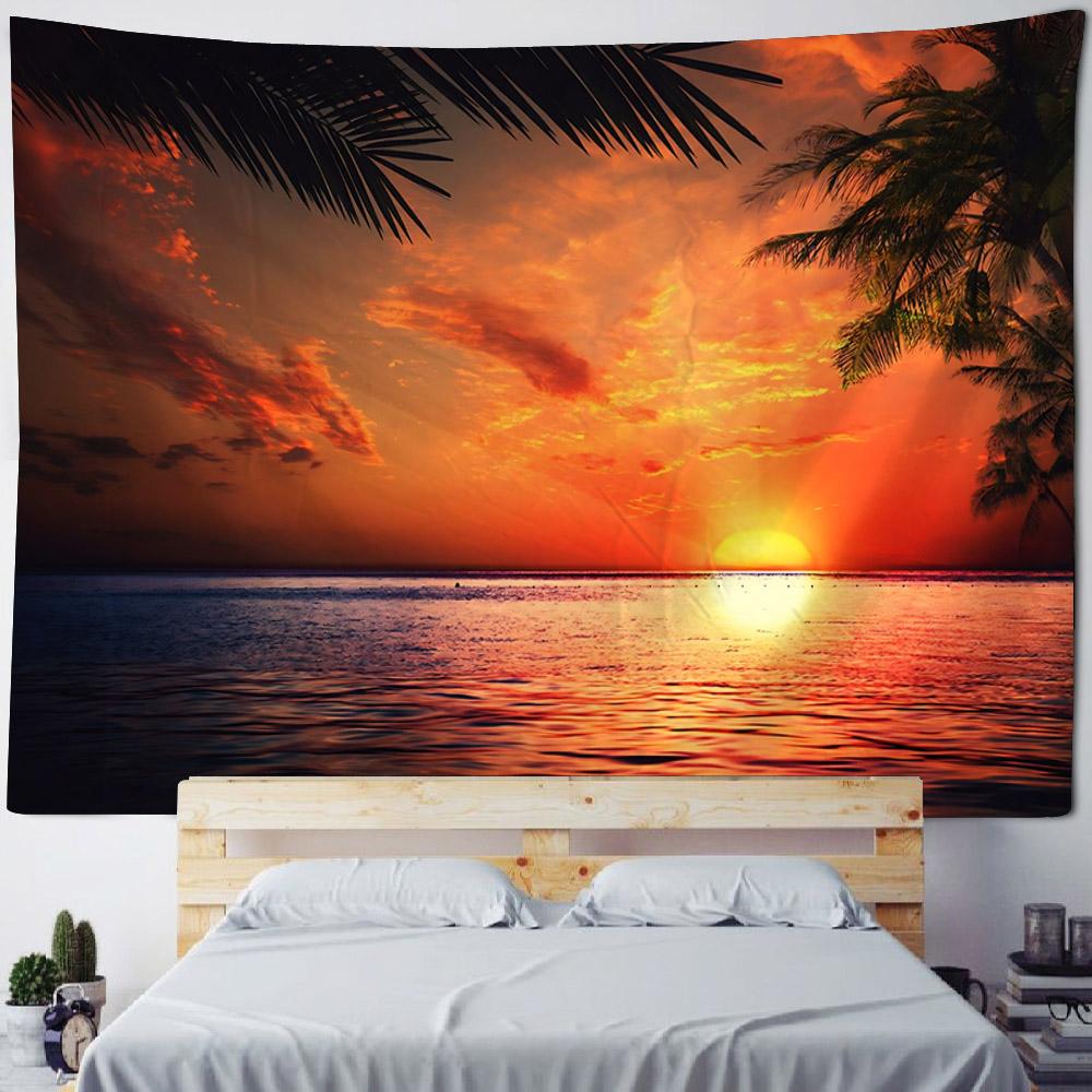 Sea view tapestry, sunrise and sunset coconut tree printed wall hanging cloth, home wall background, sofa covered blanket