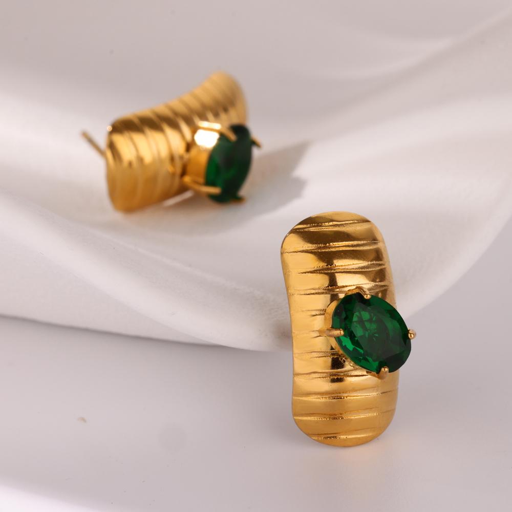 Green Zircon Rectangle Stud Earrings For Women Gold Color Stainless Steel Earring Christmas Wedding Waterproof Jewelry Gift
