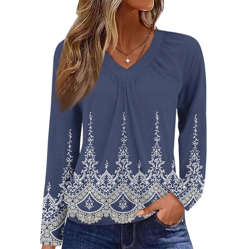 Women's Casual Fashion V-Neck Raglan Pleated Floral Print Long Sleeve Top