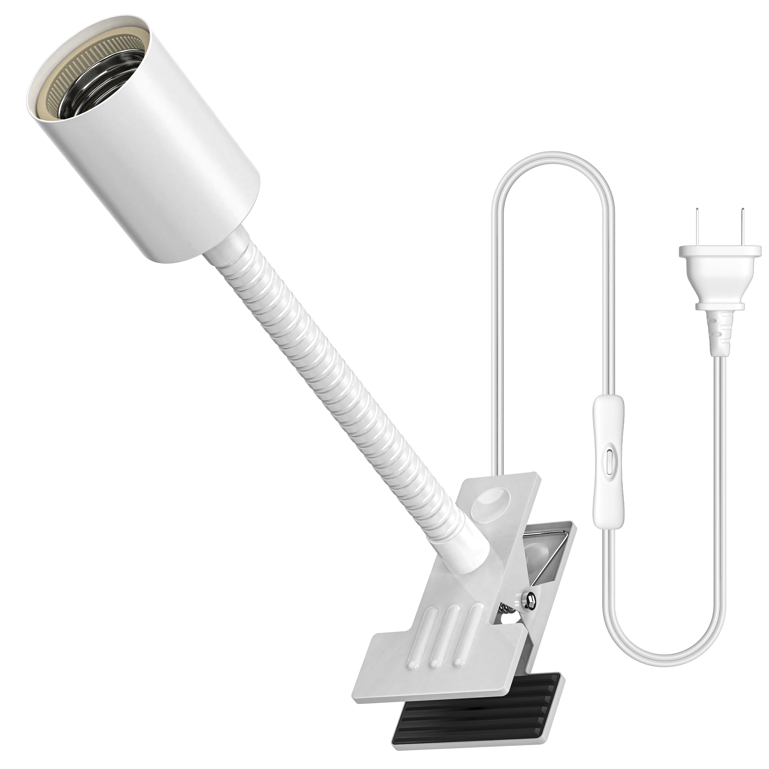 

Pispoer E26 Bulb Socket, Clip-on Light Socket, Suitable for Grow Lights, 1.6 Meter Cord with Switch, 18.5 cm Neck Tube (White) Long Version