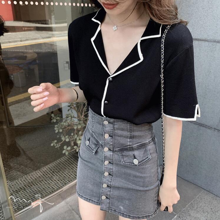 

Корейская версия контрастного цвета с лацканами на пуговицах, вязаный кардиган, маленькая куртка, летний топ с короткими рукавами, рубашка с кондиционером для женщин L чёрный