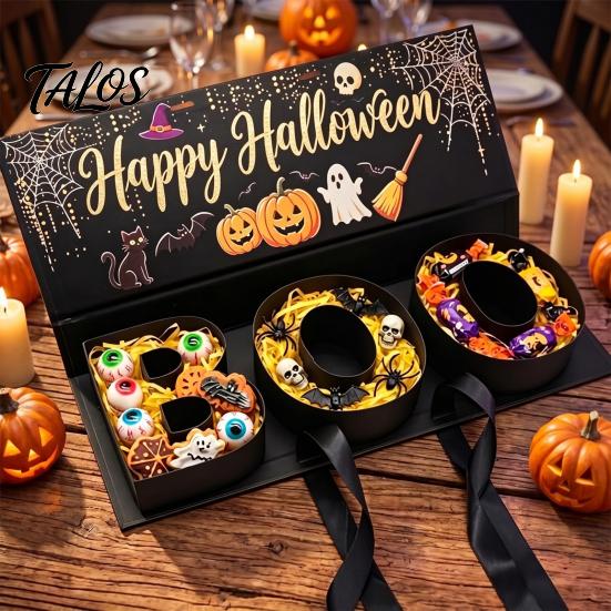 Candy Exchange Boxes Happy Halloween Gift Box, BOO Letter Shaped Treat Container with for Ribbon, Reusable Paper Sweet Holder, Party Table Decor,