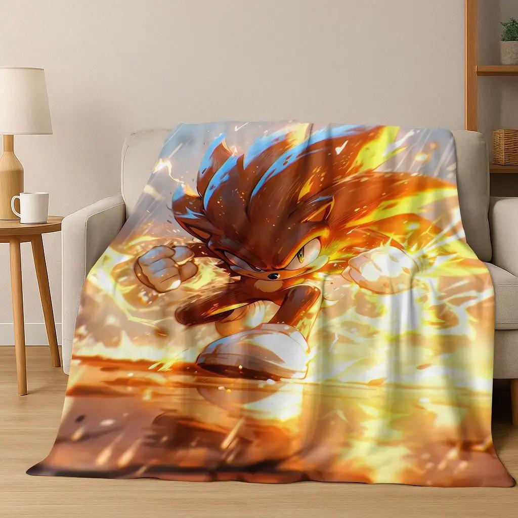 Classic S-Sonic Game Cartoon Hedgehog Flannel Blanket Soft Warm Throw Blanket for Bed Bedroom Room Living Room Travel Picnic Kid