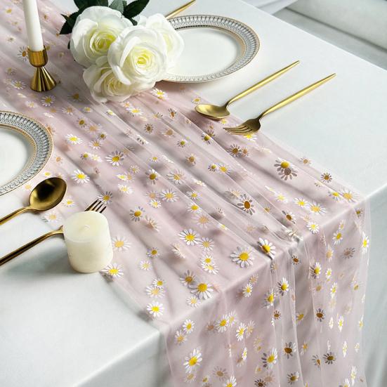 Tüll Gänseblümchen Tischläufer Frühling Blumiger Tischläufer Rustikaler Blumen Tischläufer für Hochzeit Babyparty Geburtstagsparty Bauernhaus Dekor