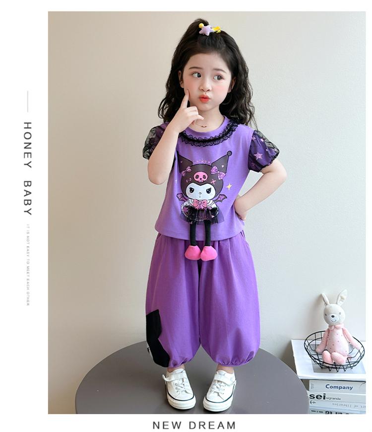 Girls' Kuromi Set Summer 2026 New Children's Lace Short Sleeve Summer Set for Girls' Baby Casual Two Piece Set