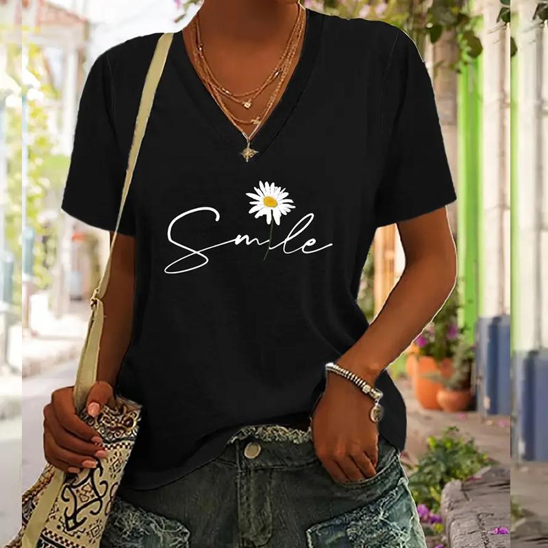 Fashion Smile Flowers Painting Blouses Short Sleeved V-Neck T Shirts Casual
