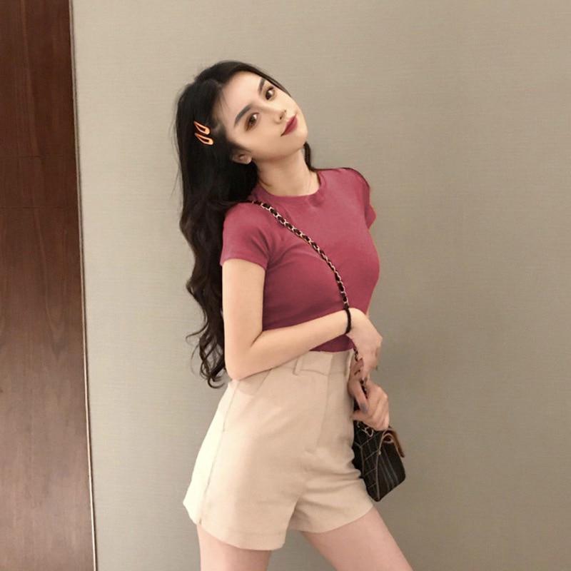 Solid Color Tee Fashion Sexy Short-sleeved Round Neck T Shirt Trendy Wild Bottoming Top For Women