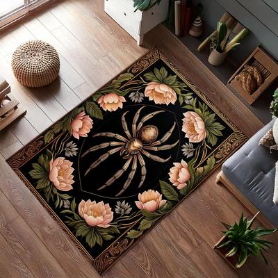 Gothischer Spider Art Deco Teppich, Mysteriöser Blättermuster Bereichsteppich, Dunkle Ästhetik Fußmatte, Okkult-Inspirierter Heimdekor-Teppich