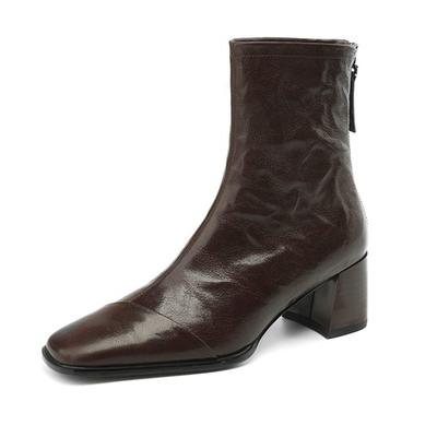 Sheepskin Winter Square Toe Chunky High Heels Chelsea Boots Women Zipper Ankle Boots