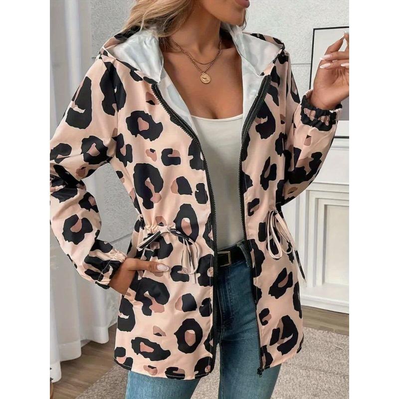 Women'S Casual Leopard Print Zip-Up Jacket - 100% Polyester Hooded Midi Length with Long Sleeves for Spring/Fall