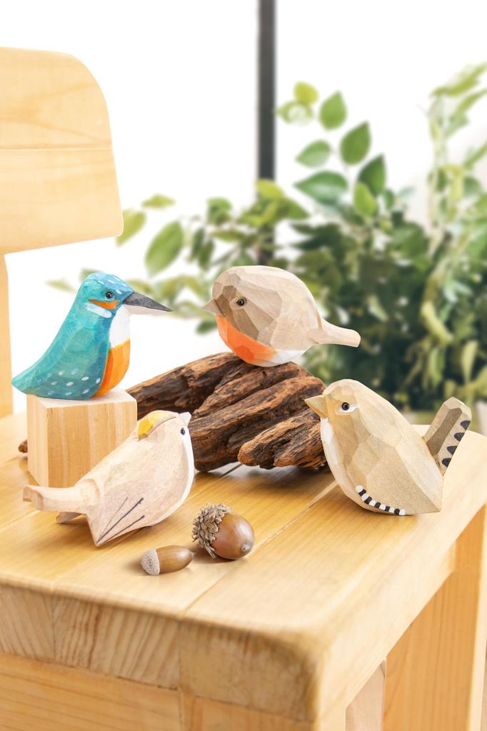 MIOSU Bird Figurines, Nordic Style, Decorative Objects, Wooden Handmade Small Items, Lucky Animals, Set of 4, Cute Gift