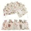 50 Pcs Pack Natural Floral Printed Linen Drawstring Bags White for Jewelry Wedding Decor Rustic Party Favors Gift Bags.