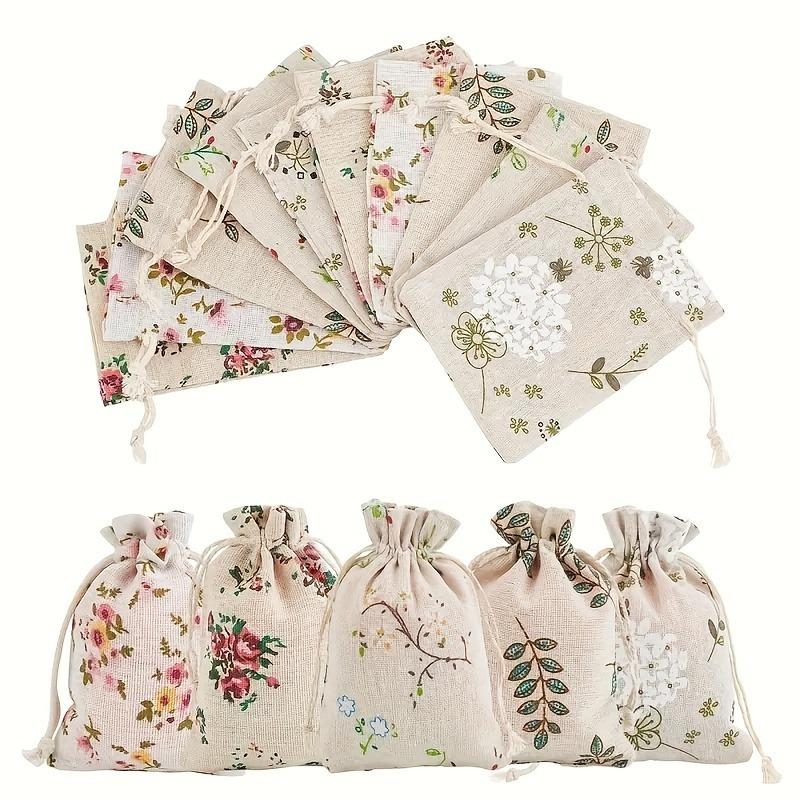 50 Pcs Pack Natural Floral Printed Linen Drawstring Bags White for Jewelry Wedding Decor Rustic Party Favors Gift Bags.
