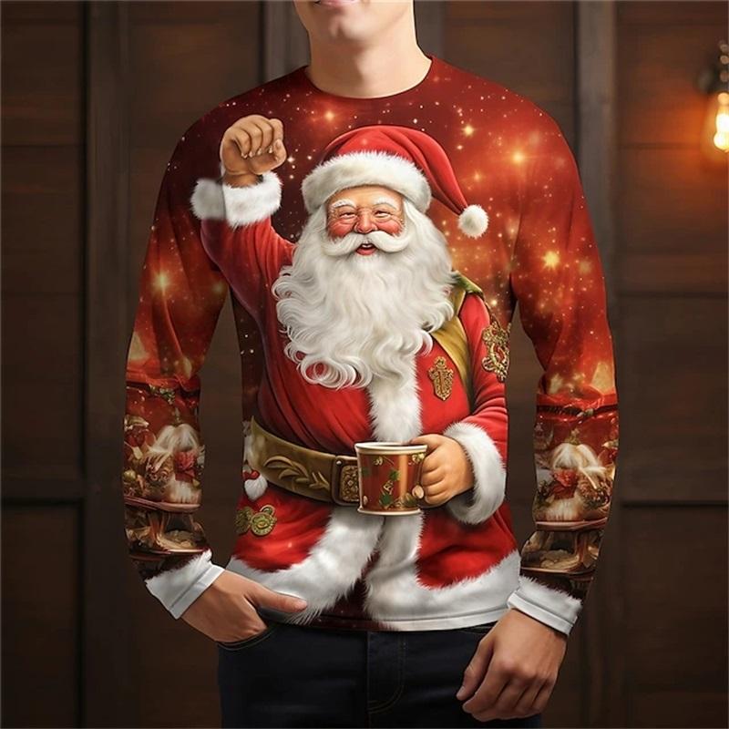 Christmas Men's Santa Claus Graphic Long Sleeve T Shirt Crew Neck Casual Tee Shirt New In Sports Tshirts For Men