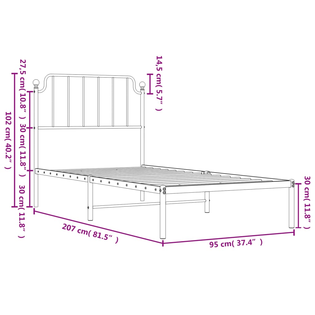 Metal Bed Frame with Headboard Black 90 X 200 Cm