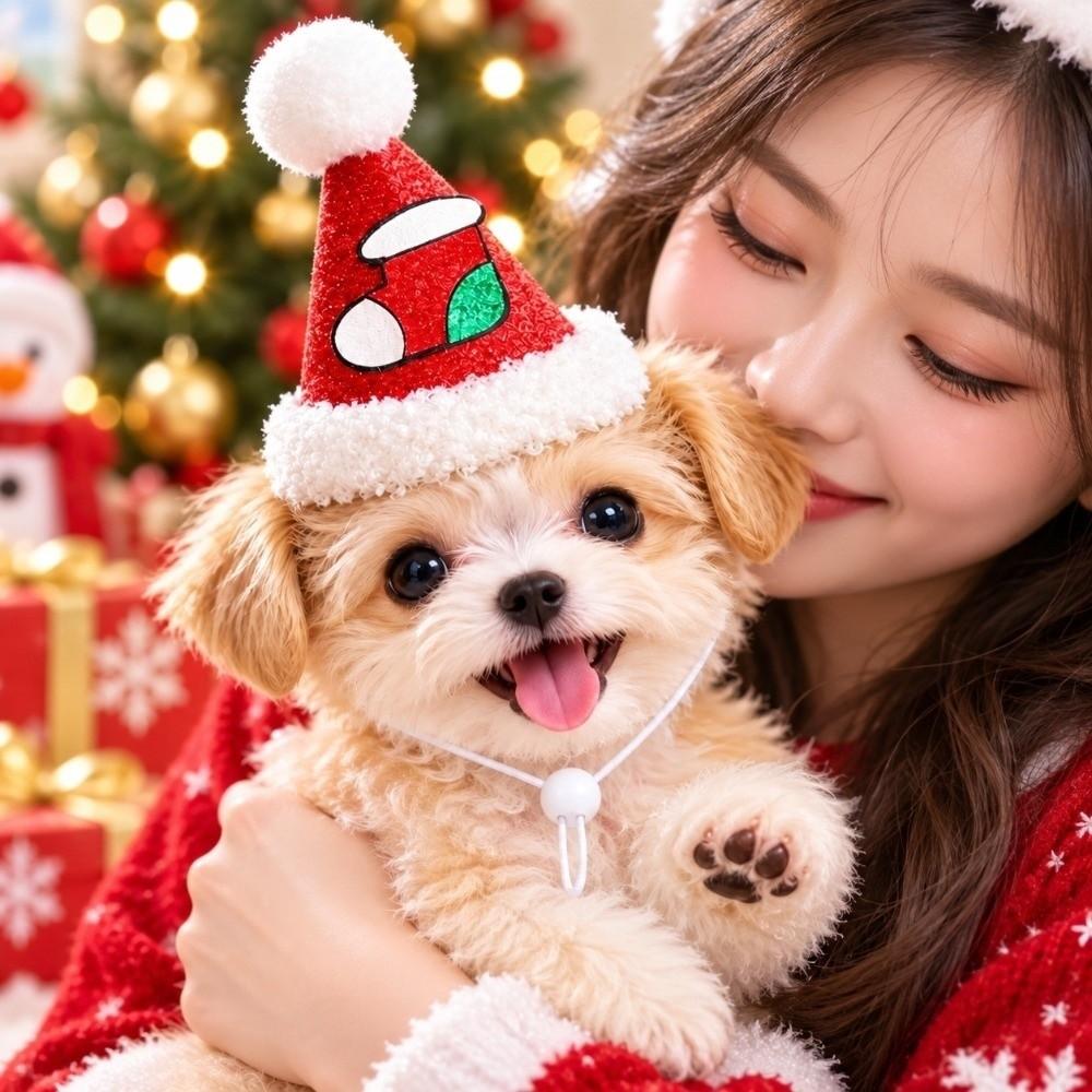 Handmade Cat Santa Cap Soft Pompon Dog Knitted Bonnet Christmas Pet Hat Pet Party