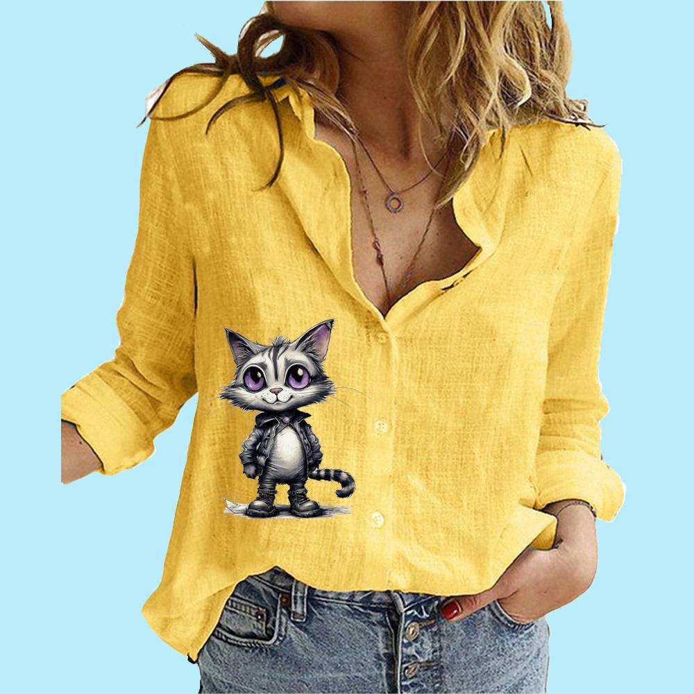 Women Fashion Buttoned Blouse Casual Thin Long Sleeve Top Ladies Cotton Linen Print Shirt