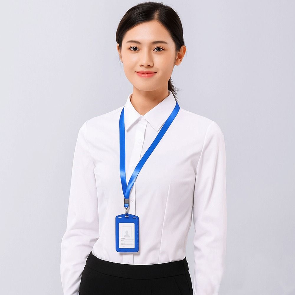 High Quality PU Leather Work Card Holder With Neck Lanyard Solid Color ID Card Cover ID Badge Holders Business