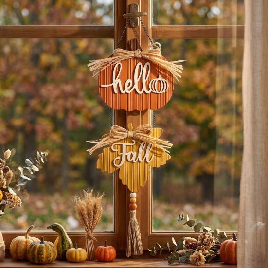 Thanksgiving Party Wall Hanging Hello Fall Wooden Sign, Pumpkin Maple Leaf Door Hanger with Festive Tabletop Decor Tassel, Autumn Harvest Decor,