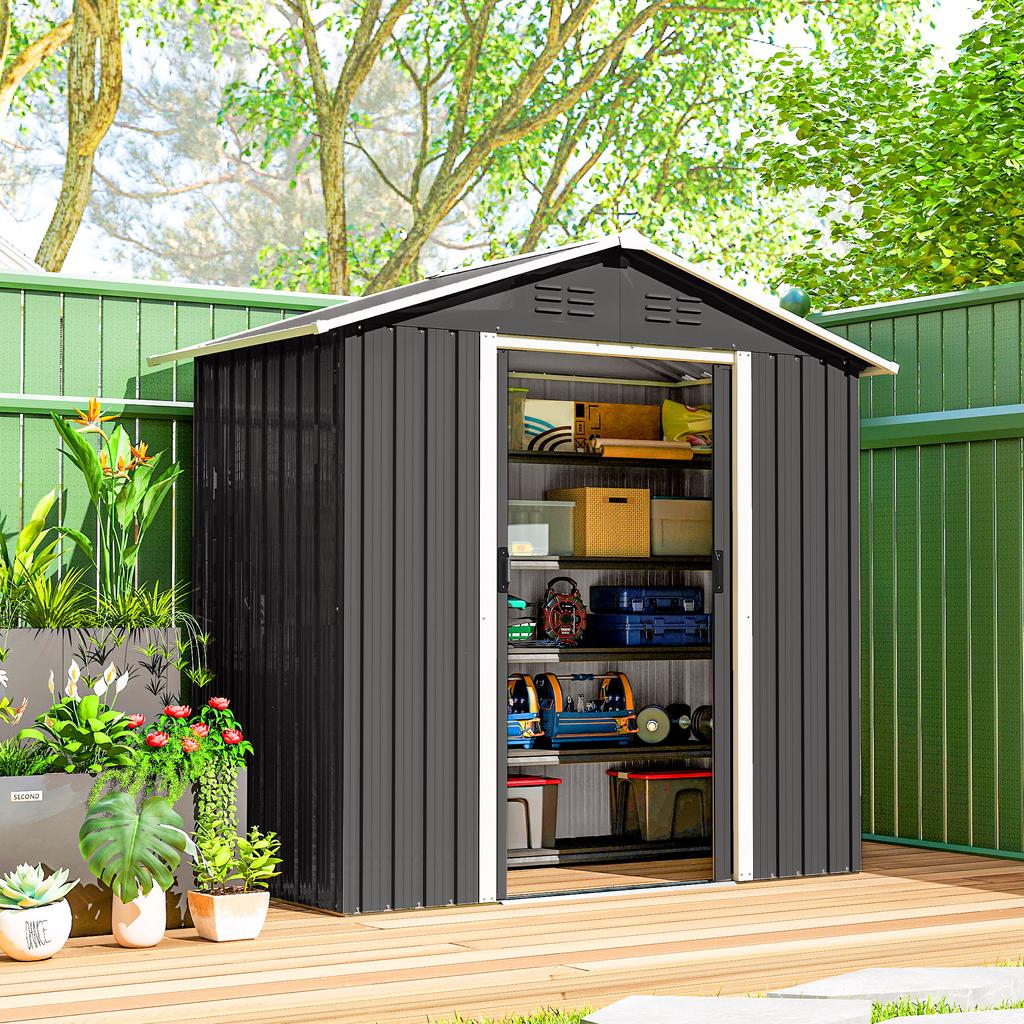 Large Metal Garden Shed, Sliding Doors, 194 x 107 x 191 cm, Dark Grey