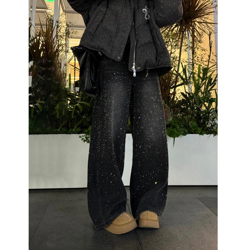 

European hot diamond shiny straight jeans women s spring 2026 new fashion heavy industry high-end wide-leg pants XL