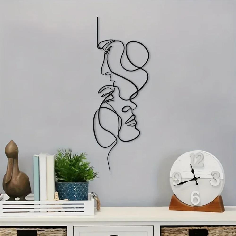 1pc Metal Wall Art Minimalist - Facial Line Wall Decor, Abstract Black Iron Sculpture for Modern Home Hanging Decor