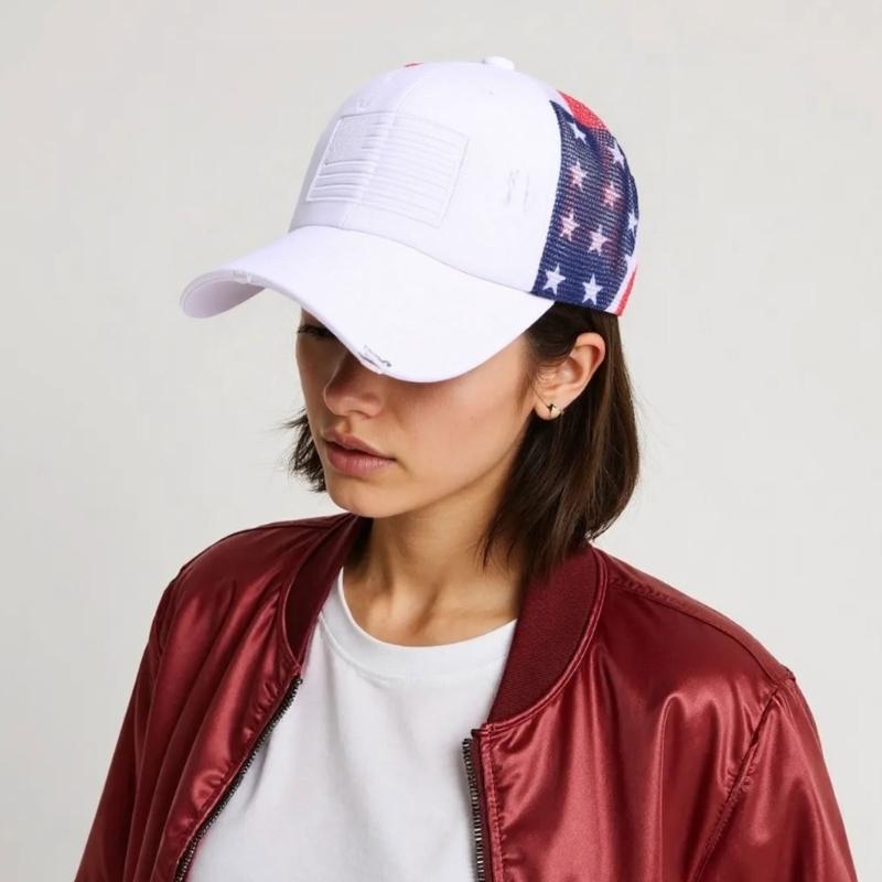 Distressed Wash Cotton Baseball Hat with Star Print Curved Brims Mesh Ponytail Sun Hat for Patriotic Women Teens Girl