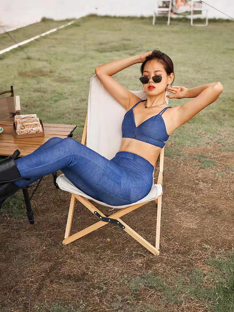 Denim Sports Bra & Hip-Lifting Yoga Tights Fitness Set